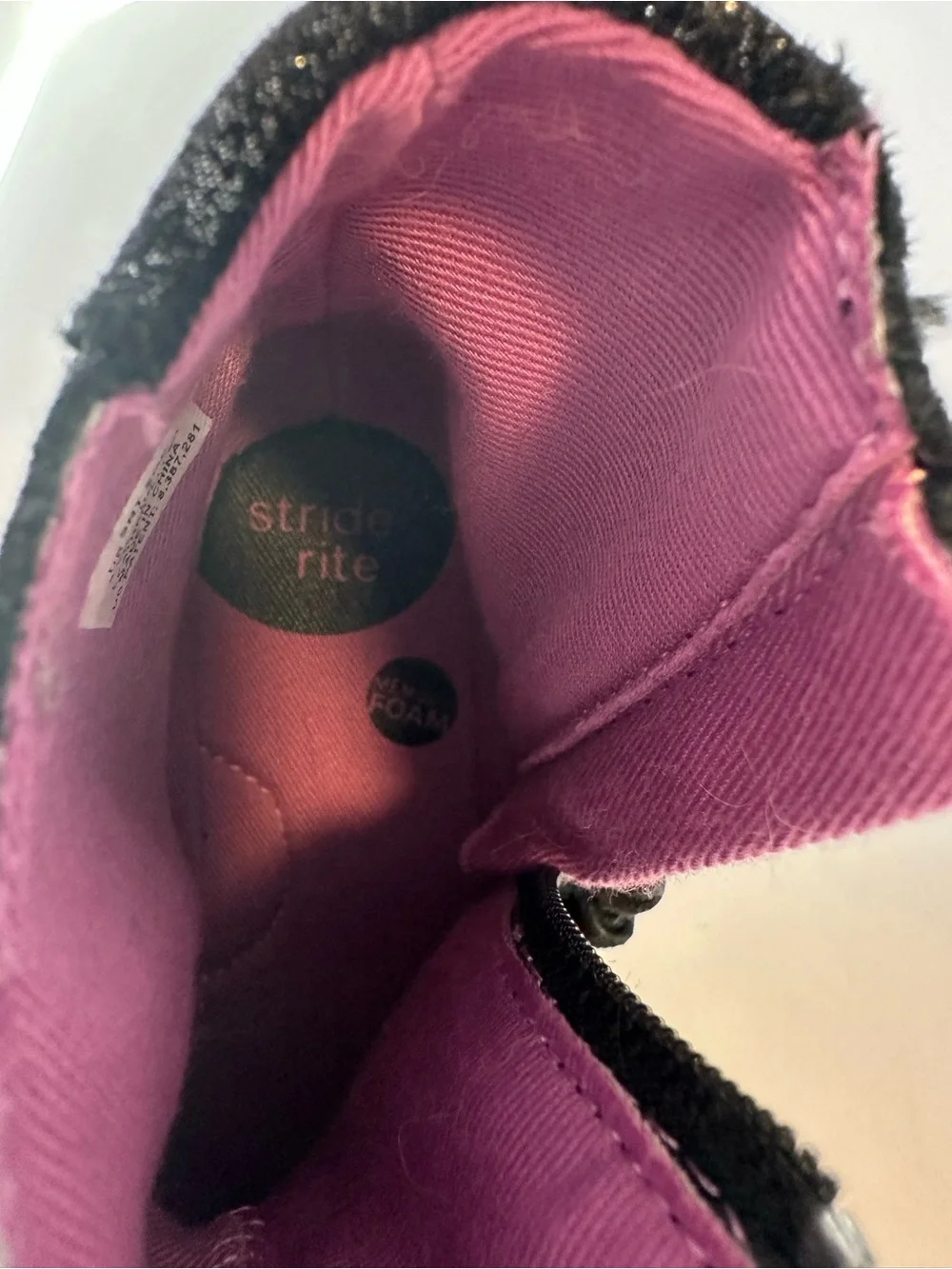 Stride Rite Girls Black Glitter Ankle Boots with Pink Lining Size 8.5M